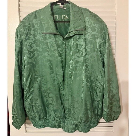 Vintage 80s FUDA International 100% Silk Floral Bomber Jacket Green Womens 1X - Picture 1 of 9